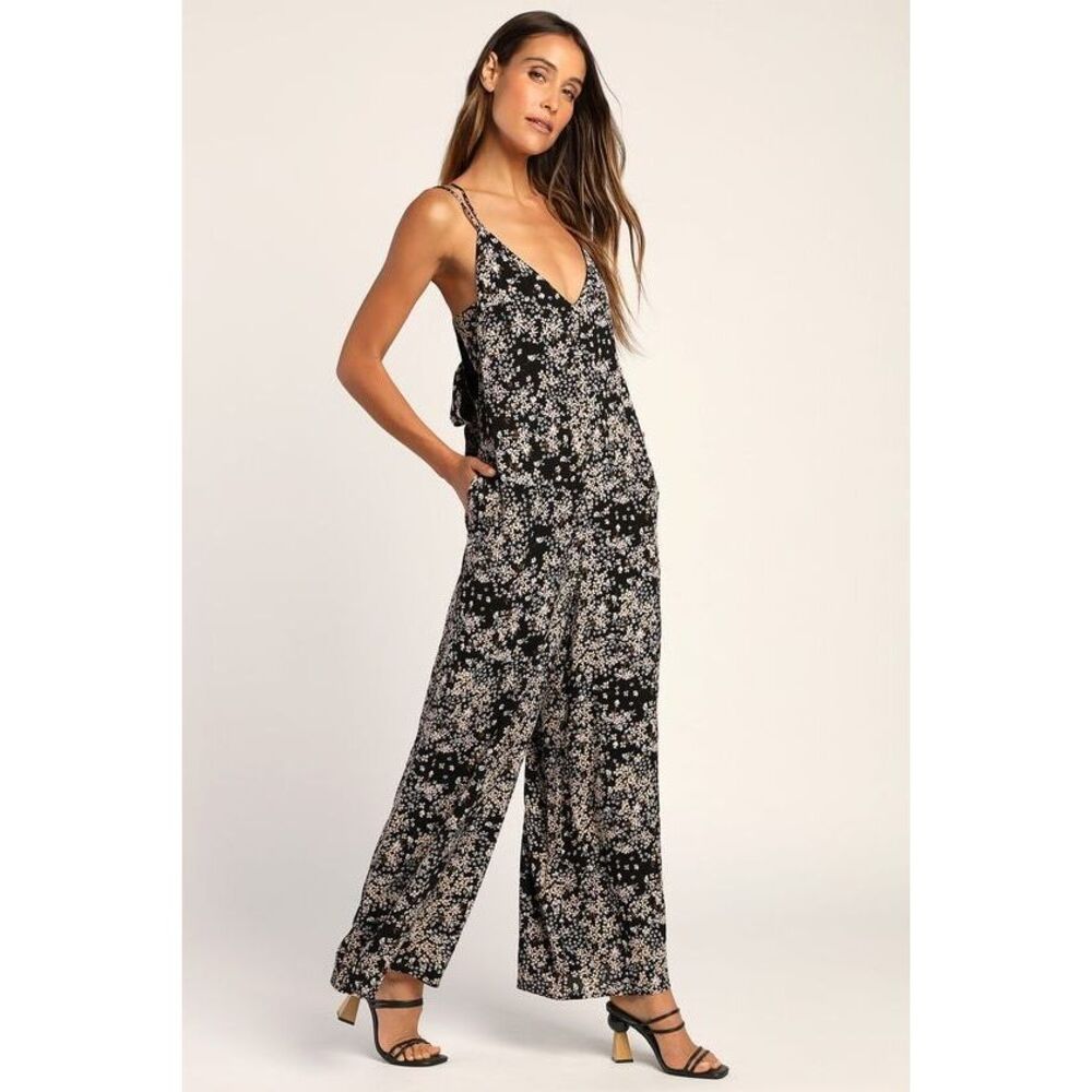Lulus Chic Aspect Black Floral Print Backless Wide Leg Jumpsuit - Size M